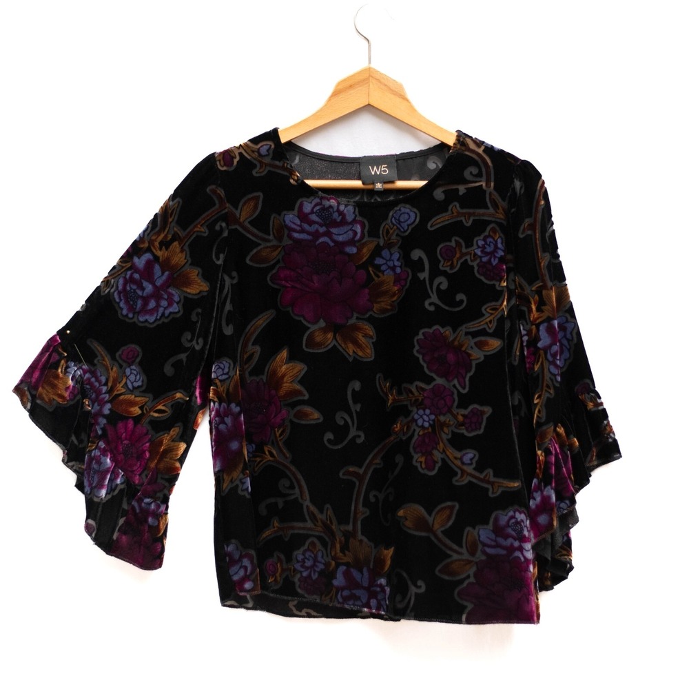 W5 Anthropologie Top Womens S Black Floral Burnt Velvet Whimsygoth Dark Academia